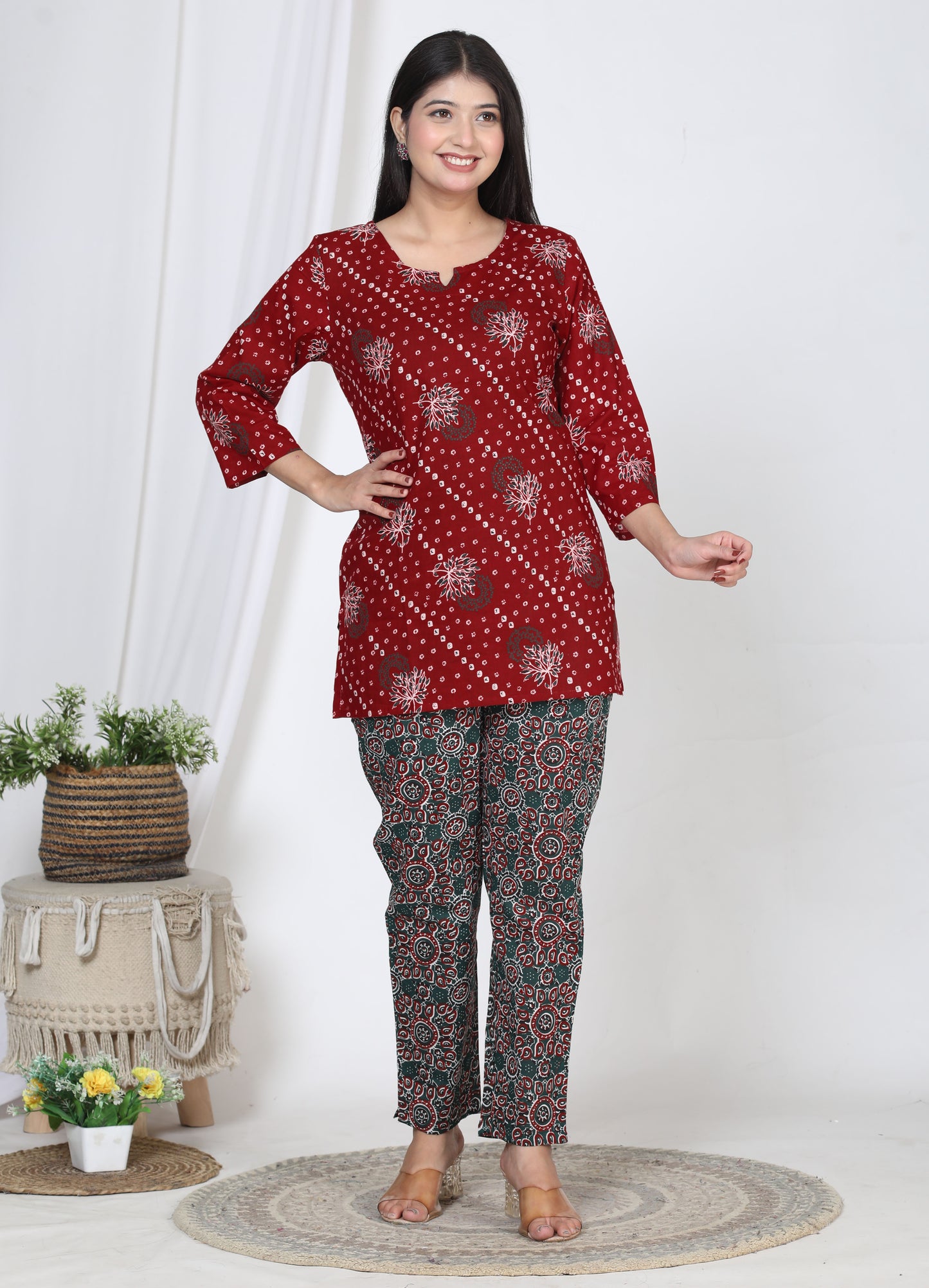 Women Top & Pyjama Set Multicolor Floral Printed