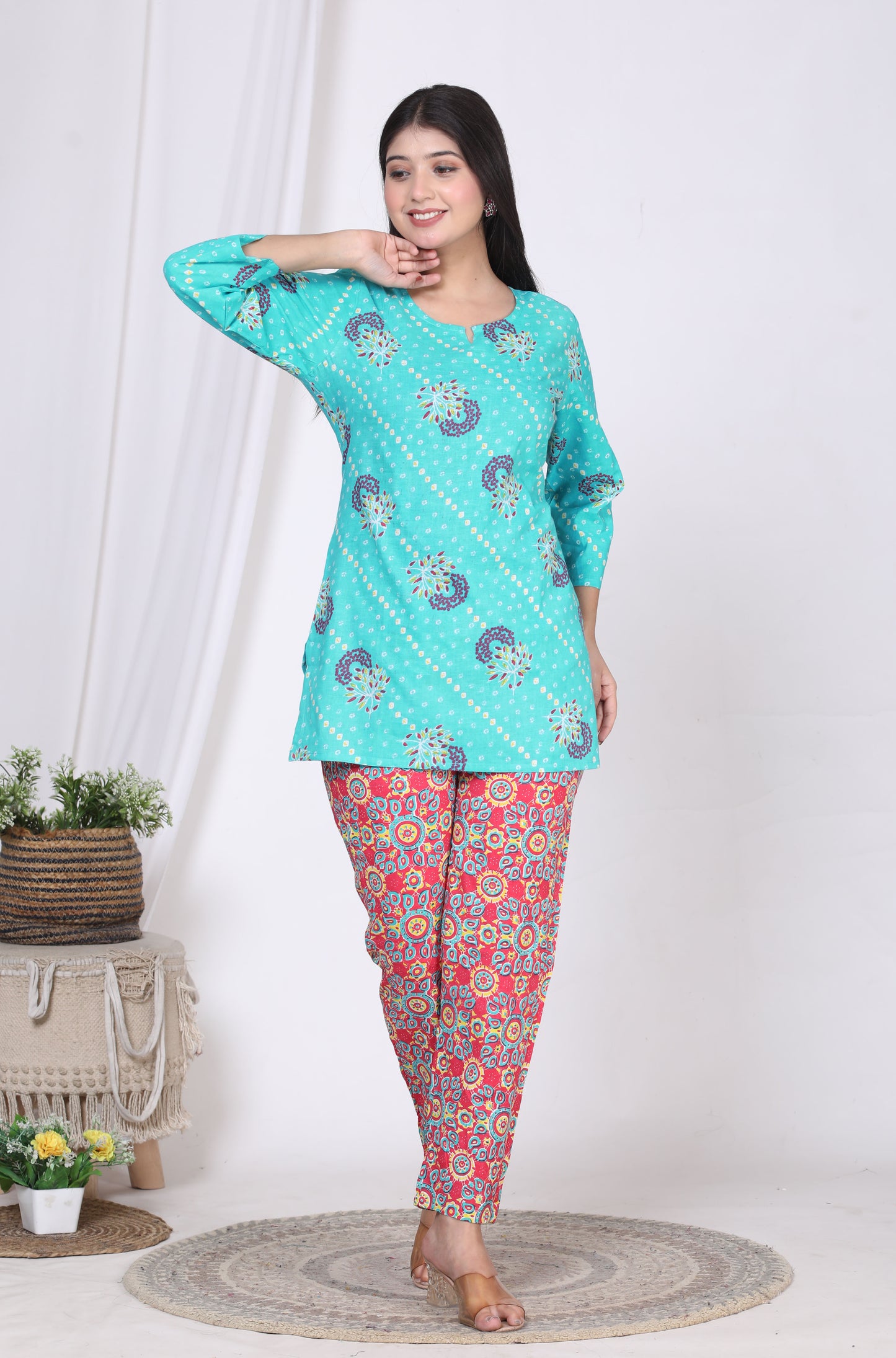 Women Top & Pyjama Set Multicolor Printed