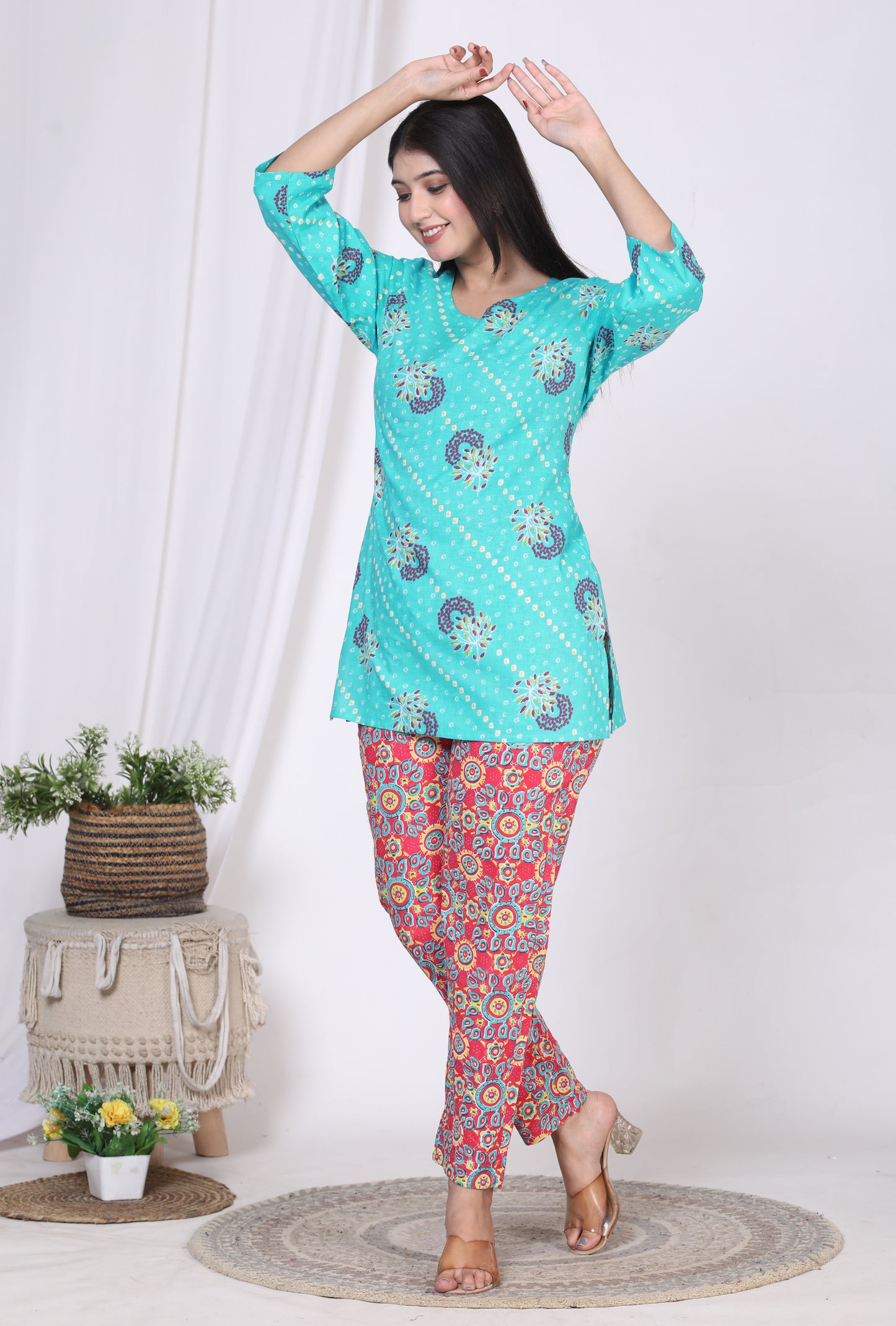 Women Top & Pyjama Set Multicolor Printed