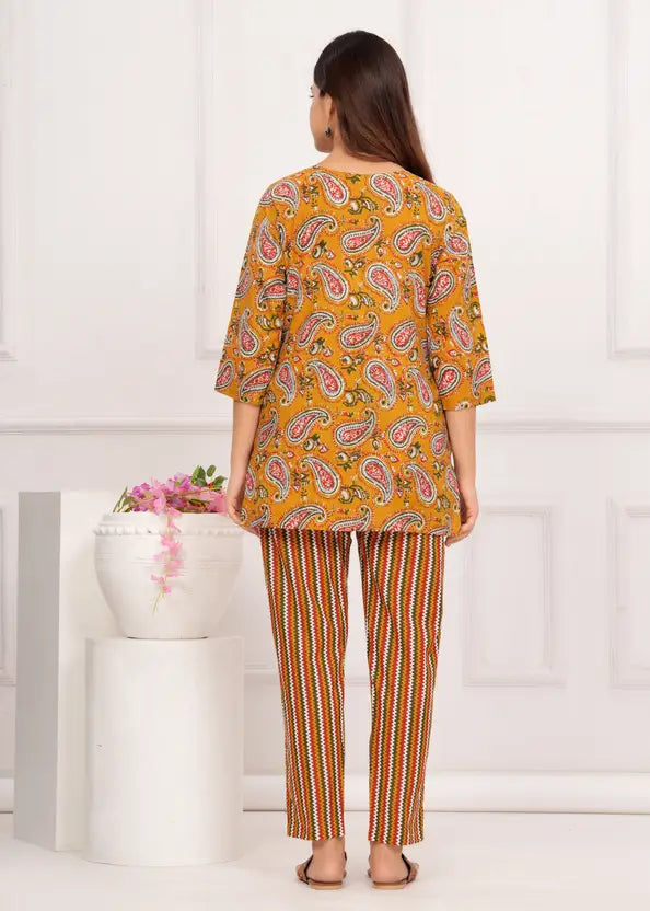 Women Top And Pajama Sets Mustard Yellow Jaipuri Printed