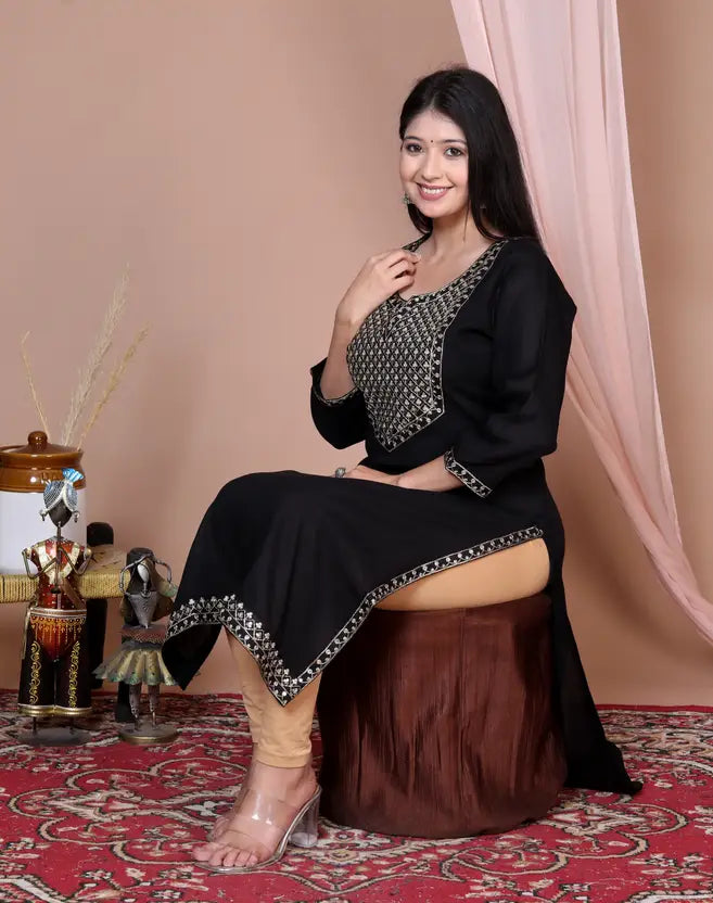 Women Embroidered Viscose Rayon Straight Black Kurta