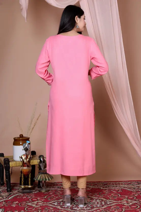 Women Embroidered Viscose Rayon Straight Pink Kurta