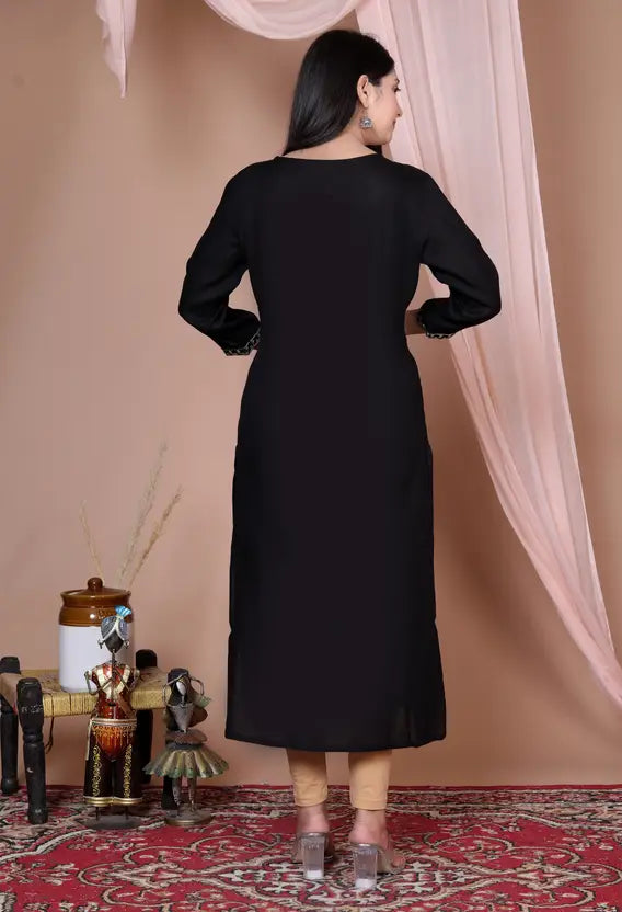Women Embroidered Viscose Rayon Straight Black Kurta