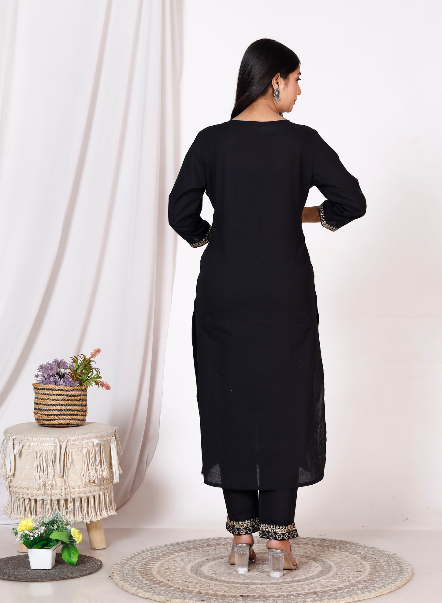 Women Pure Cotton Black Kurta Pant Dupatta Set