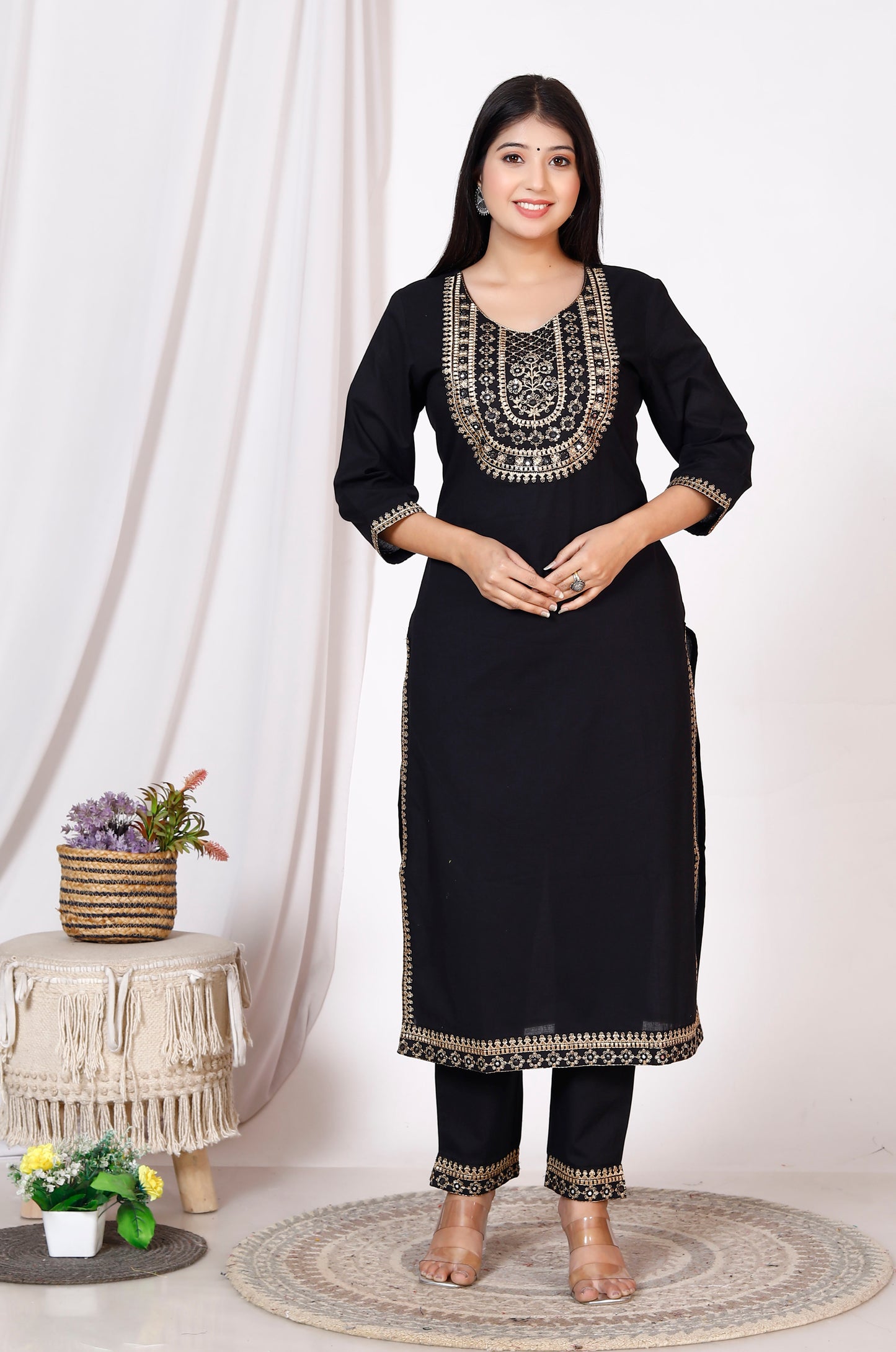 Women Pure Cotton Black Kurta Pant Dupatta Set
