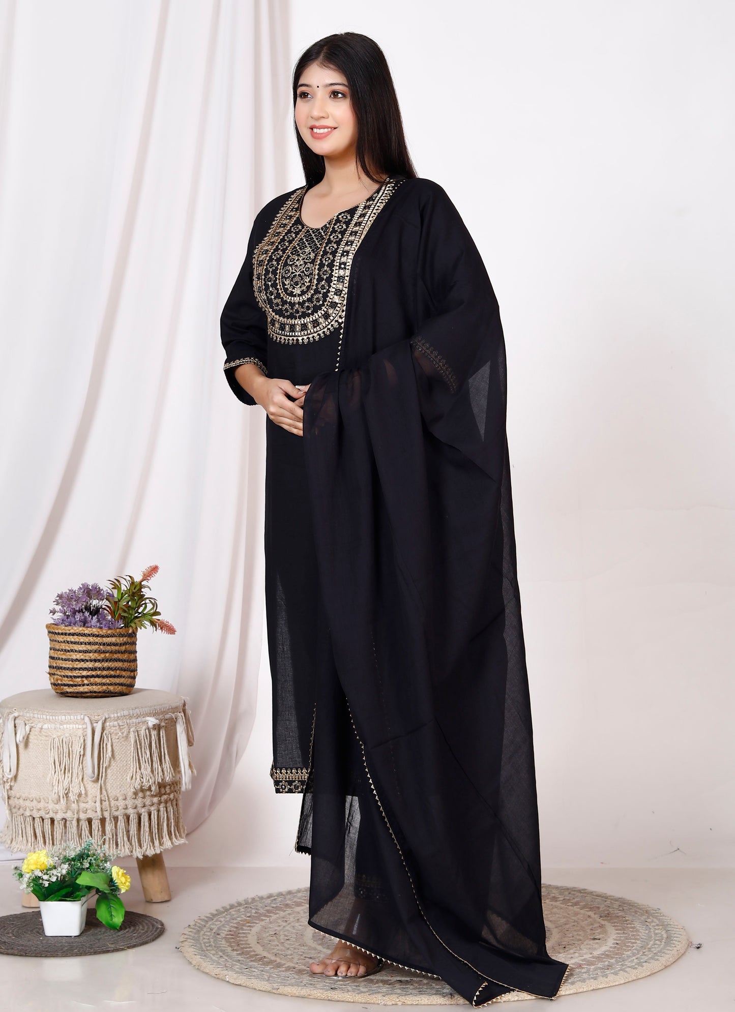 Women Pure Cotton Black Kurta Pant Dupatta Set