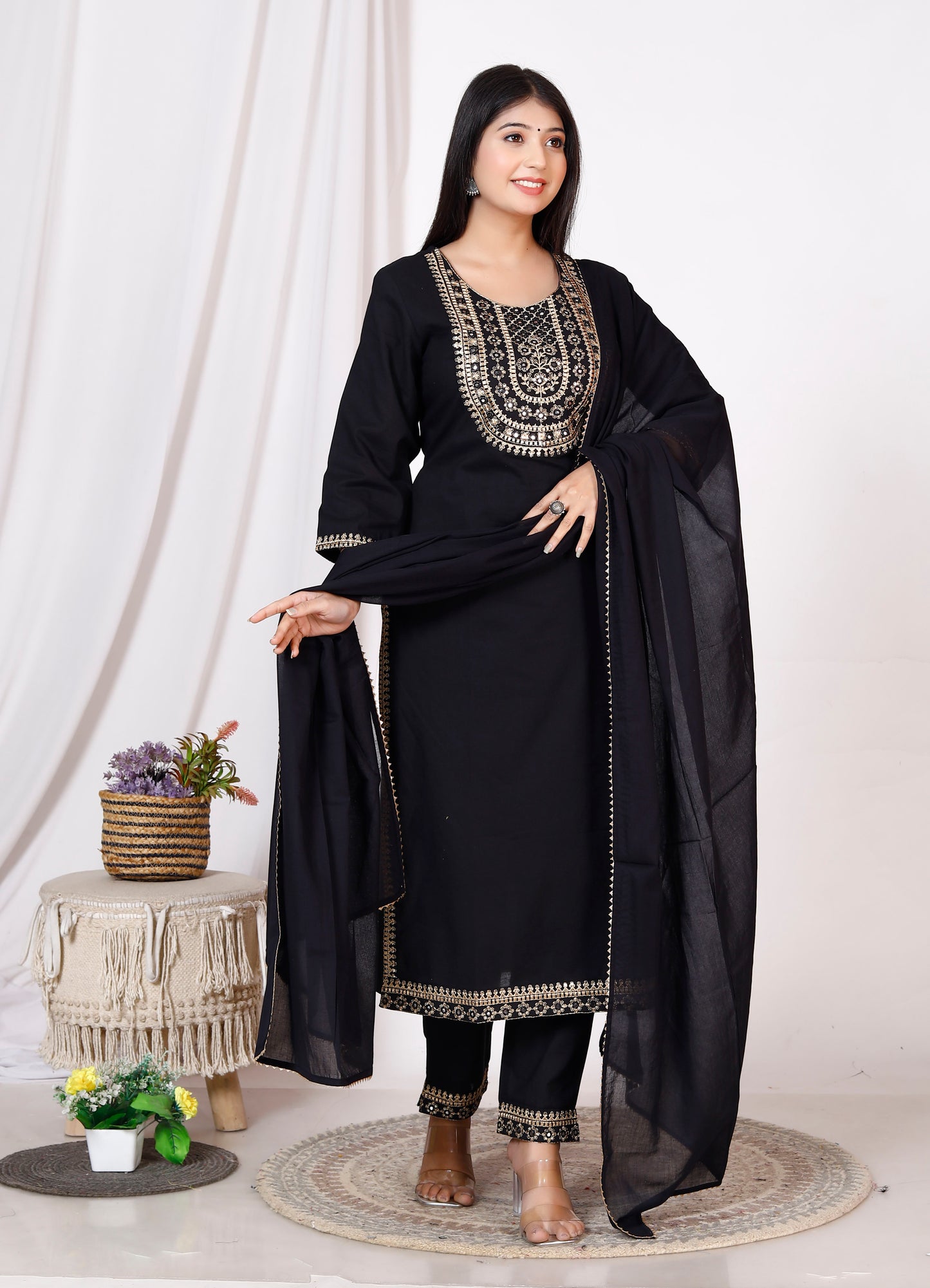 Women Pure Cotton Black Kurta Pant Dupatta Set