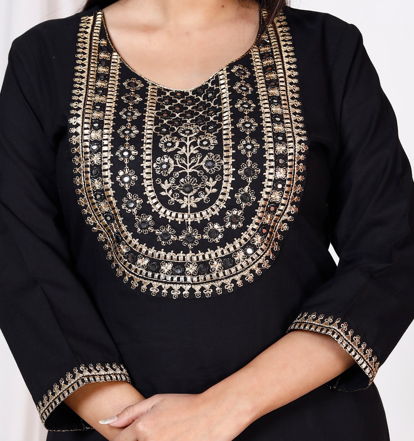 Women Pure Cotton Black Kurta Pant Dupatta Set