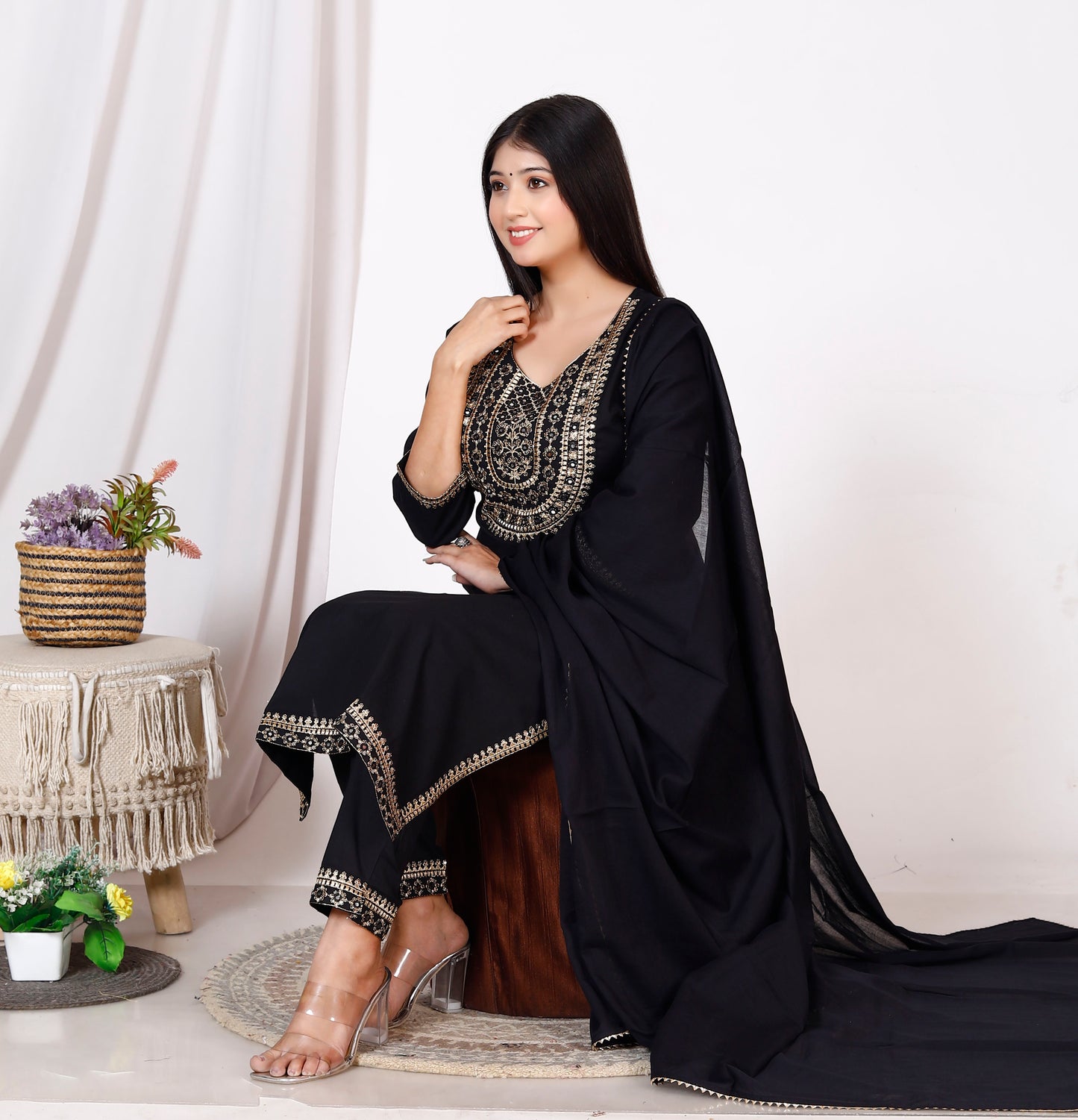 Women Pure Cotton Black Kurta Pant Dupatta Set