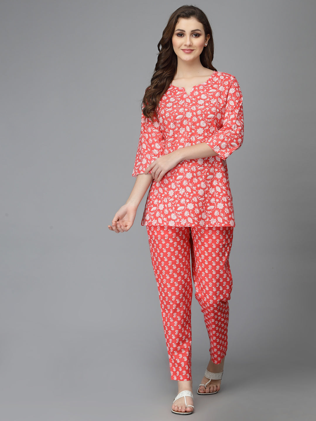 Women Top & Pyjama Set Aam Red Printed
