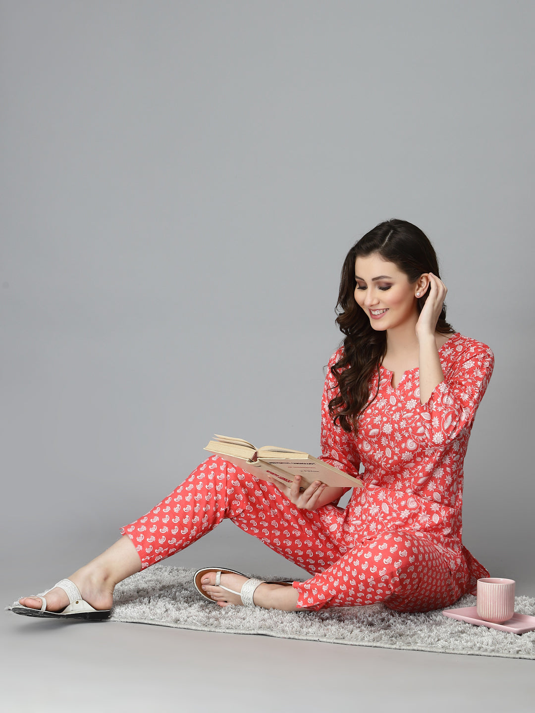Women Top & Pyjama Set Aam Red Printed
