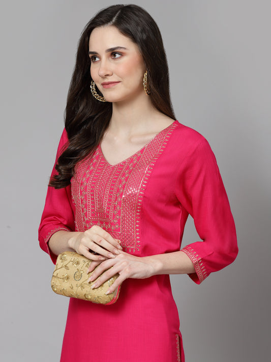 Women Embroidered Viscose Rayon Straight Pink Kurta