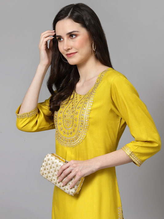 Women Embroidered Viscose Rayon Yellow Kurtis