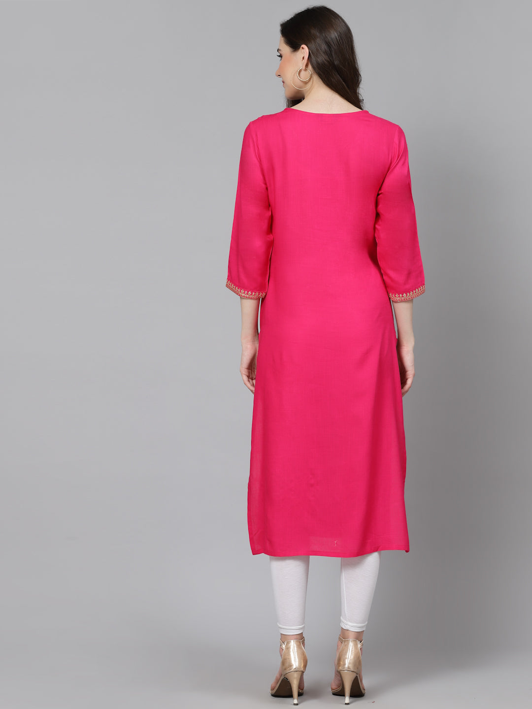 Women Embroidered Viscose Rayon Pink Kurtis