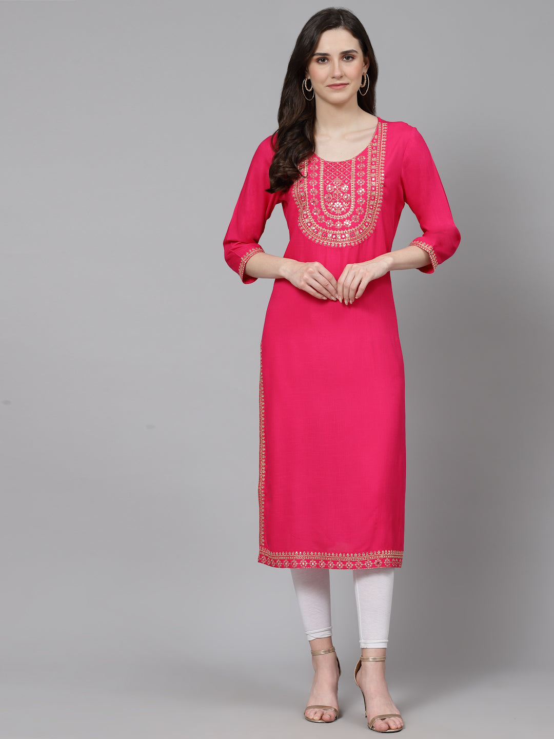 Women Embroidered Viscose Rayon Pink Kurtis