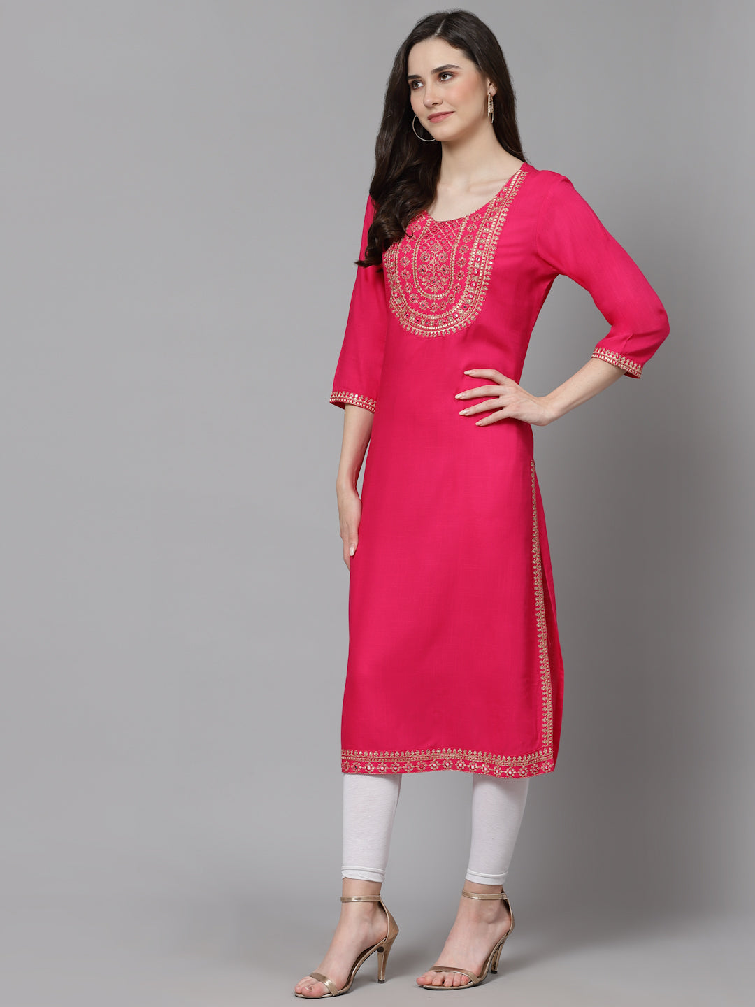 Women Embroidered Viscose Rayon Pink Kurtis