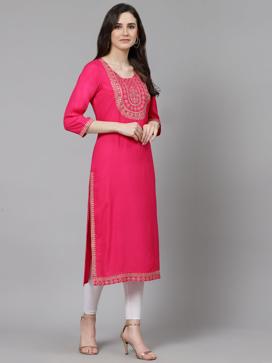 Women Embroidered Viscose Rayon Pink Kurtis