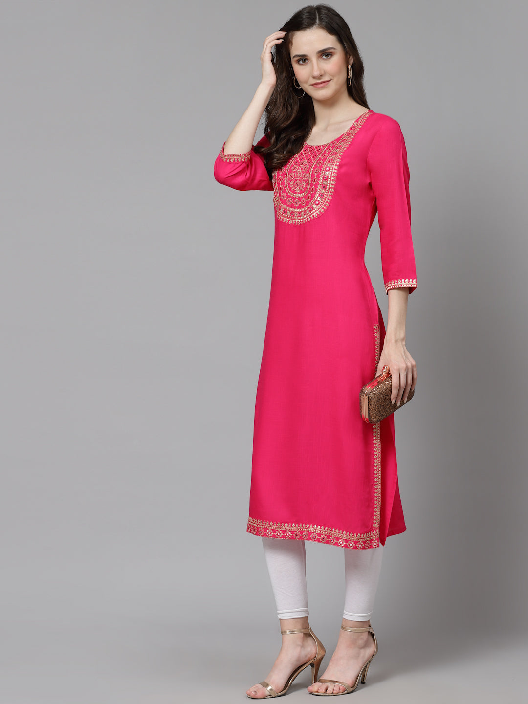 Women Embroidered Viscose Rayon Pink Kurtis