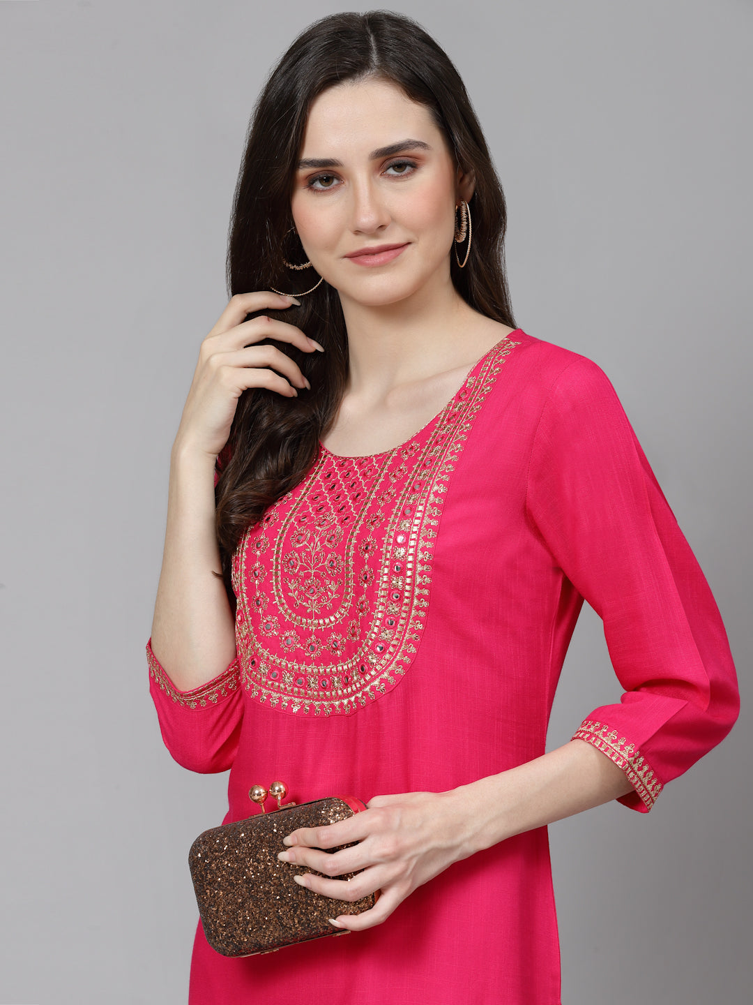 Women Embroidered Viscose Rayon Pink Kurtis