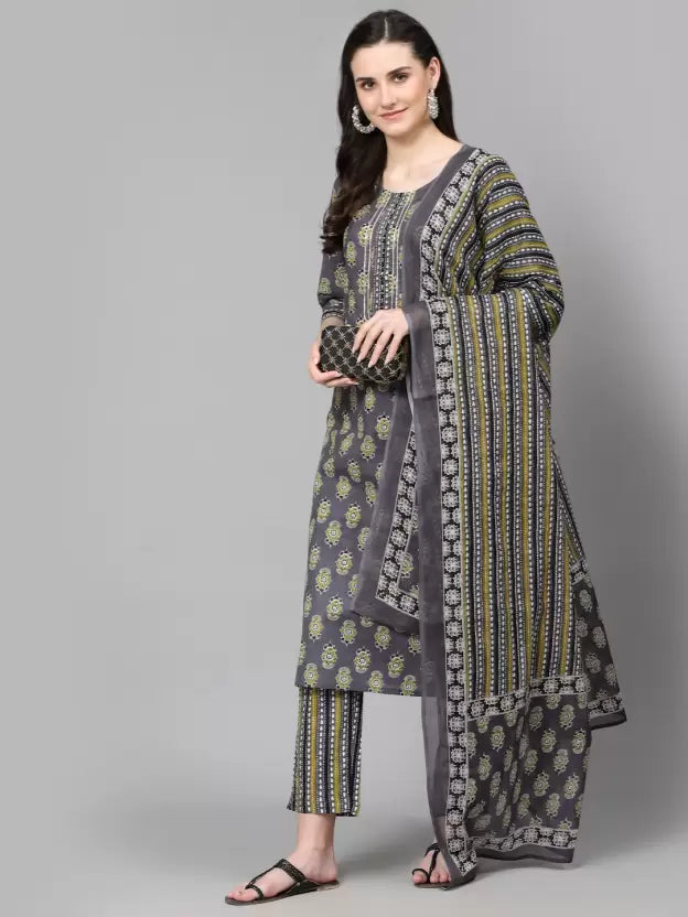 Women Pure Cotton Floral Kurta Pant Dupatta Set