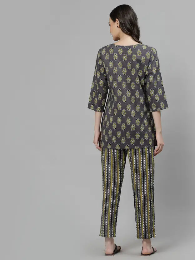 Women Top & Pyjama Set Grey Jaipuri Printed