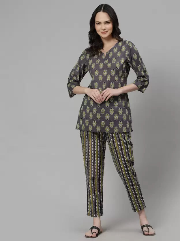 Women Top & Pyjama Set Grey Jaipuri Printed