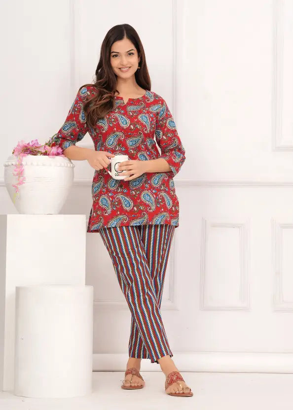 Women Top And Pajama Sets Red Jaipuri Printed