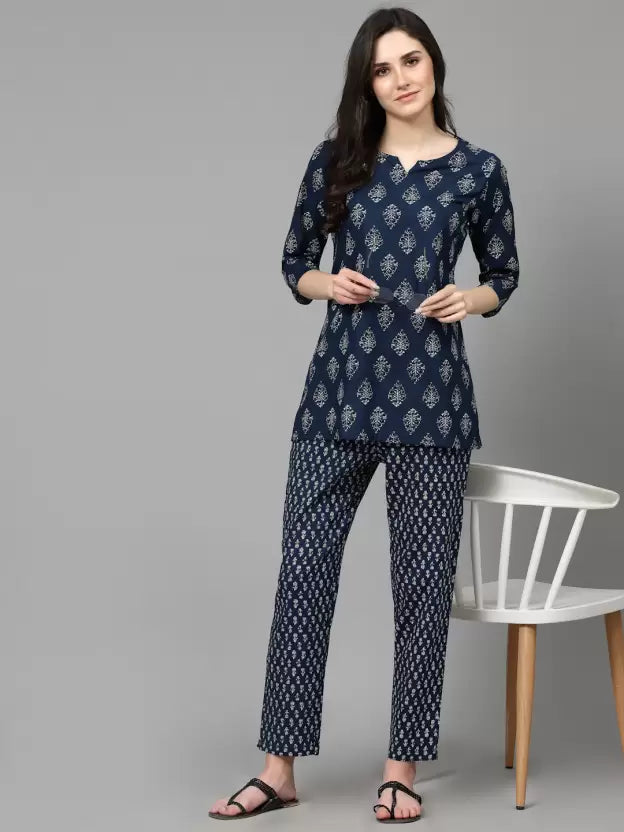 Women Top And Pajama Set Blue Printed