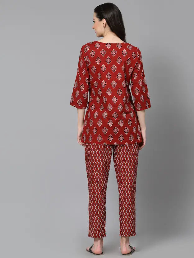 Women Top And Pajama Set Maroon Printed