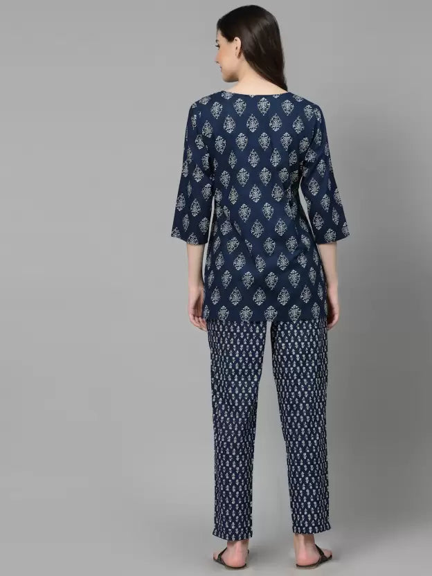 Women Top And Pajama Set Blue Printed