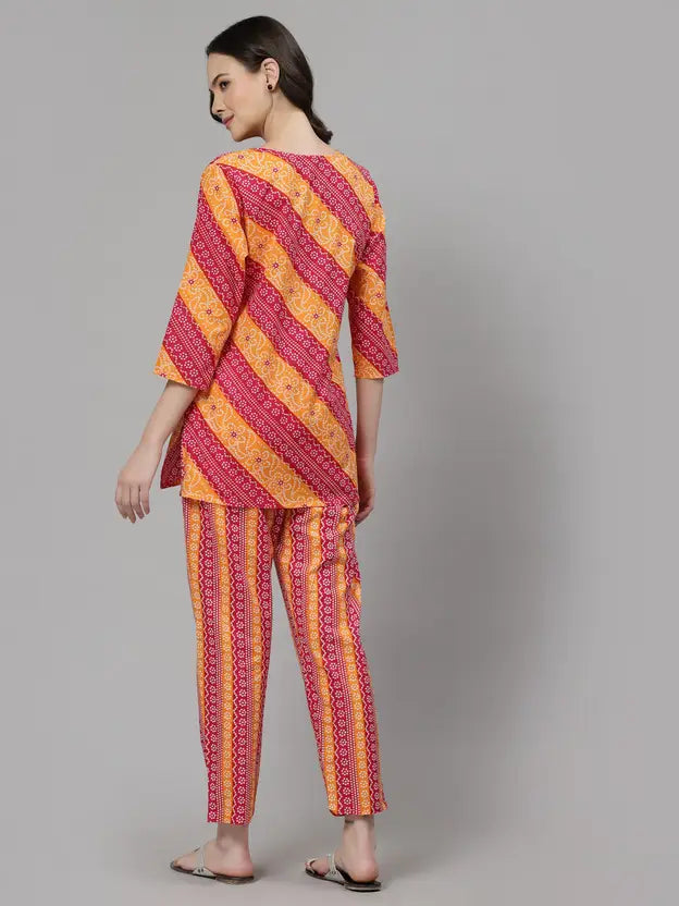 Women Top & Pyjama Set Red Jaipuri Printed
