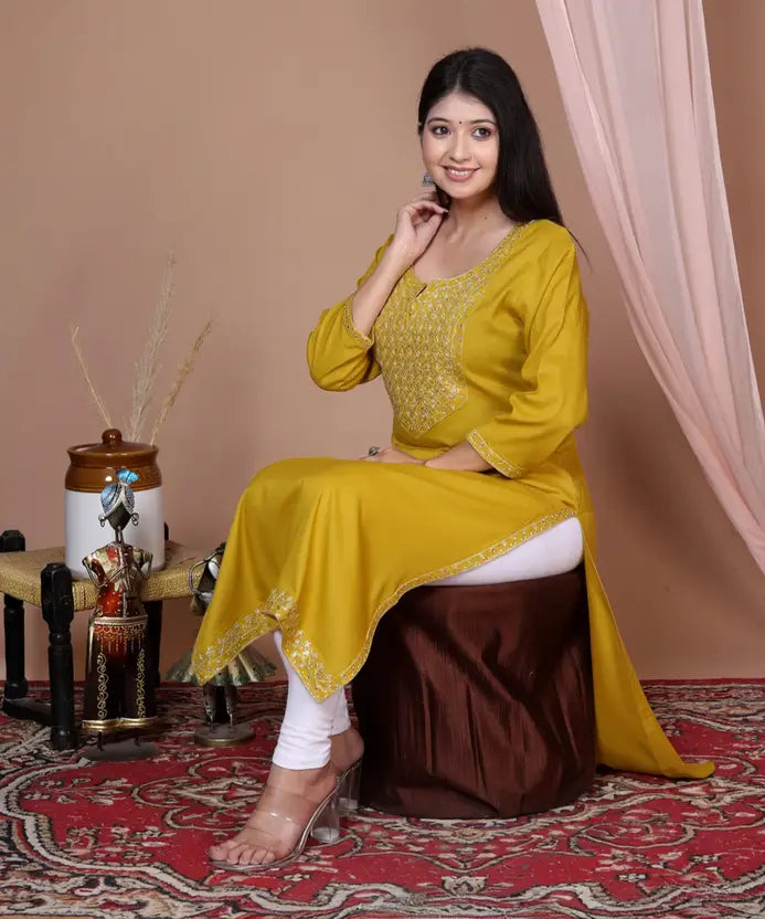 Women Embroidered Viscose Rayon Straight Yellow Kurta