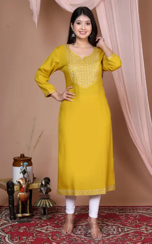Women Embroidered Viscose Rayon Straight Yellow Kurta