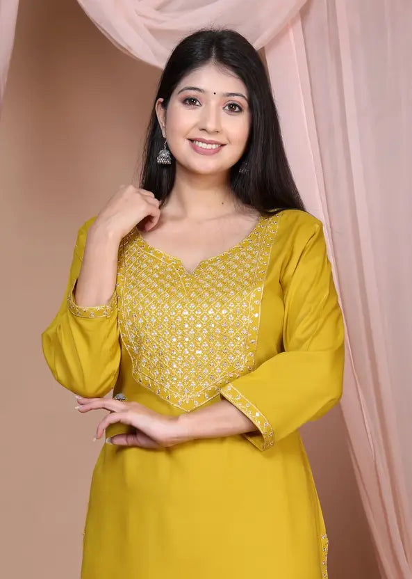 Women Embroidered Viscose Rayon Straight Yellow Kurta