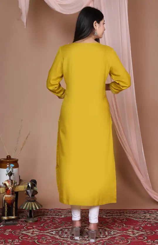 Women Embroidered Viscose Rayon Straight Yellow Kurta