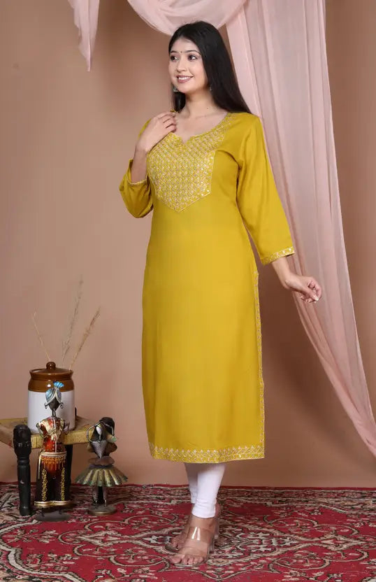 Women Embroidered Viscose Rayon Straight Yellow Kurta