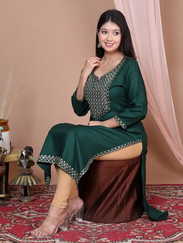 Women Embroidered Viscose Rayon Straight Dark Green Kurta