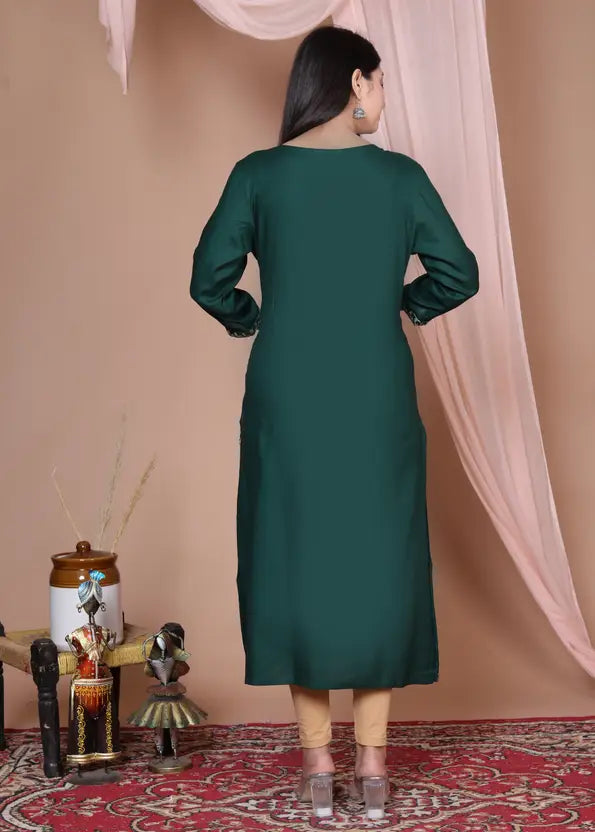 Women Embroidered Viscose Rayon Straight Dark Green Kurta