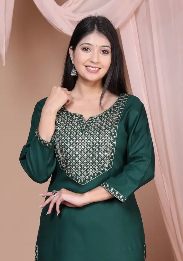 Women Embroidered Viscose Rayon Straight Dark Green Kurta
