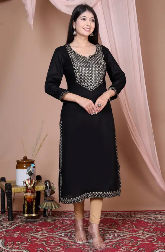 Women Embroidered Viscose Rayon Straight Black Kurta