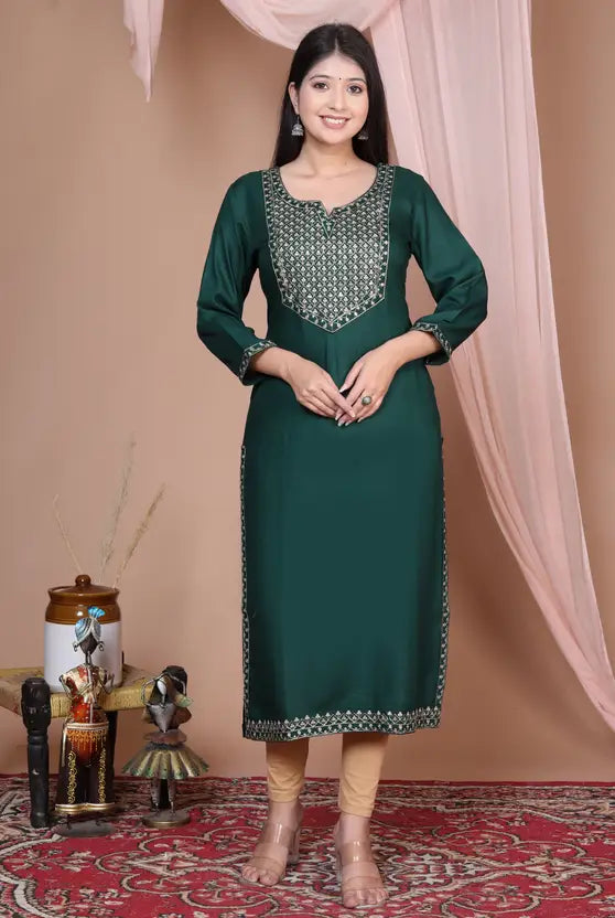 Women Embroidered Viscose Rayon Straight Dark Green Kurta