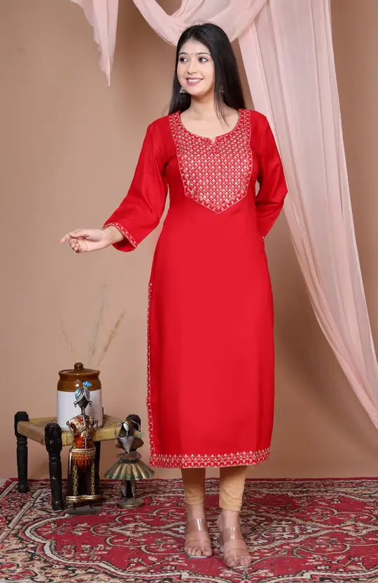 Women Embroidered Viscose Rayon Straight Red Kurta