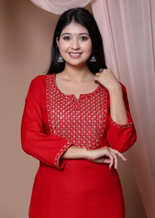 Women Embroidered Viscose Rayon Straight Red Kurta