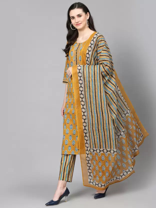 Women Pure Cotton Floral Kurta Pant Dupatta Set