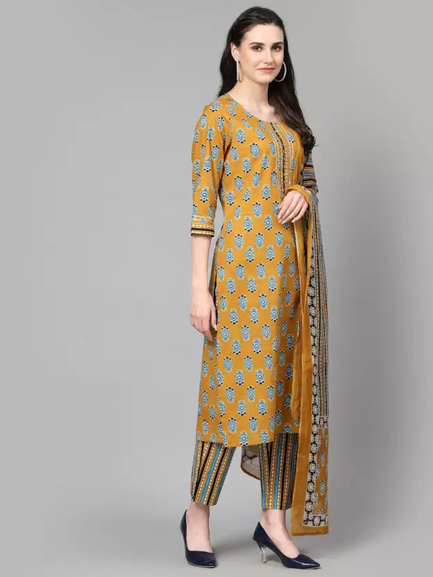 Women Pure Cotton Floral Kurta Pant Dupatta Set