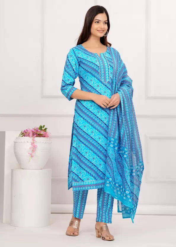 Women Pure Cotton Printed Kurta Pant Dupatta Set