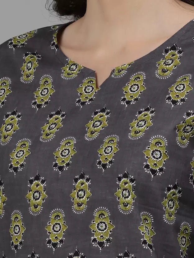Women Top & Pyjama Set Grey Jaipuri Printed