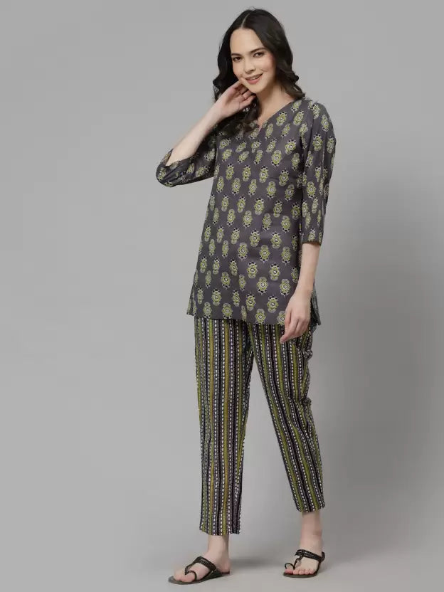 Women Top & Pyjama Set Grey Jaipuri Printed