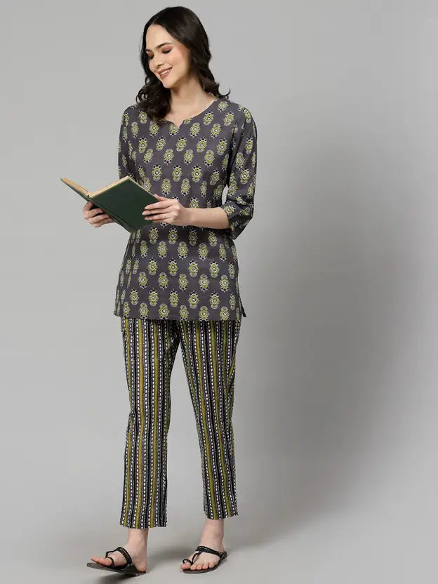 Women Top & Pyjama Set Grey Jaipuri Printed