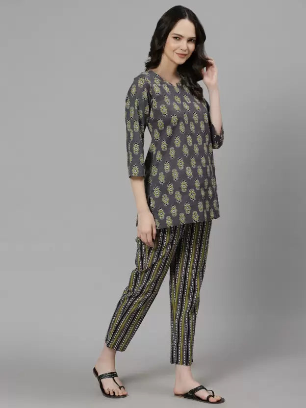 Women Top & Pyjama Set Grey Jaipuri Printed